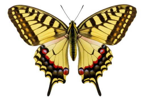 Isolated swallowtail butterfly spreading wings, bright yellow, black and red wing pattern - Powered by Adobe
