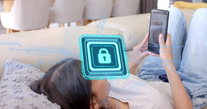 Woman reclining on sofa holding phone unlocking AR lock overlay fading into live grid mobile tech