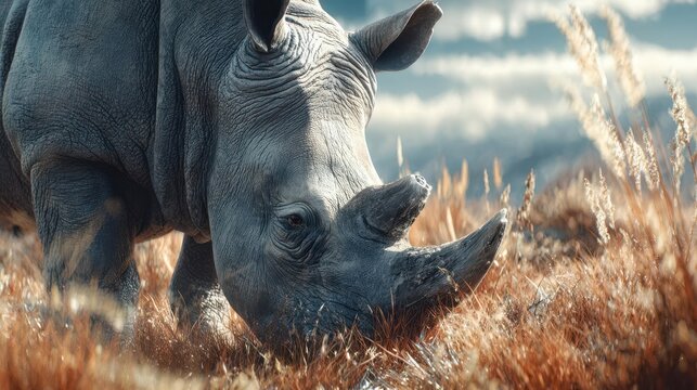 Majestic Rhino Grazing in Sunlit Savannah - Powered by Adobe
