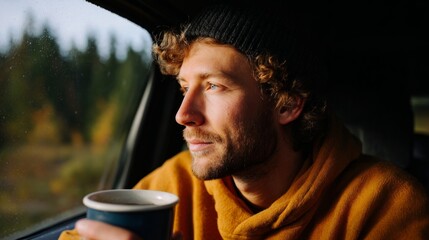 Man drinking coffee in truck during fall.