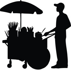 A silhouetted street vendor operates his food cart, shielded by an umbrella, in a quiet alley setting.