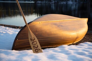 Canoe on snowy beach with paddle showing the year 2026