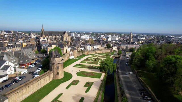 Cinematic Aerial of Vannes Old Town Walls and Rampart Gardens: Medieval Brittany Heritage at morning light, 4K Drone Video, France