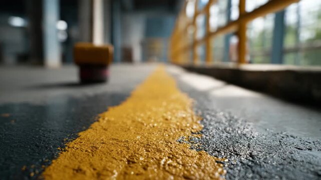A vivid close-up view of a bright yellow line painted on a dark surface, capturing the texture of the paint and the dynamic relationship between color and material.