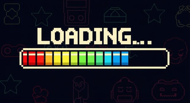 Retro pixelated loading bar with vibrant rainbow colors evokes nostalgia for classic gaming, perfect for streaming, game dev, and tech content