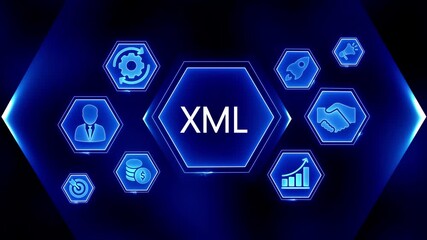 X M L data processing business growth success icons digital network technology abstract background Extensible Markup Language - Powered by Adobe