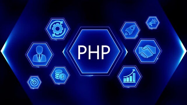 P H P programming language technology concept icons business growth success digital network abstract blue background