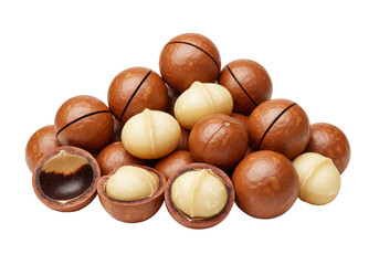 Pile of macadamia nuts, some shelled and isolated on a clean background, healthy snack food rich in fats