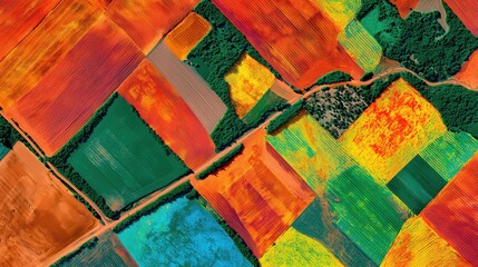 Aerial abstract patchwork fields — vibrant orange, blue & purple for presentation backgrounds, posters and wallpapers