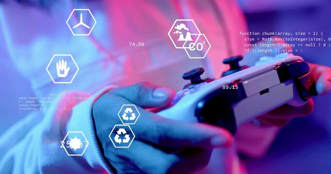 Hands gripping controller in tech studio, causing hex icons showing environmental metrics and code