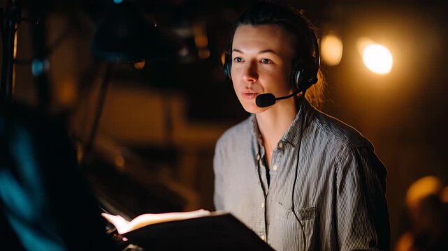A smiling young woman wearing a headset while operating in a production environment, showcasing focus and determination in a dynamic setting with soft lighting.