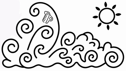 A black and white illustration of waves clouds sun and an aztec symbol in a stylized design