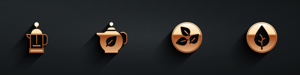 Set French press, Teapot with leaf, and icon with long shadow. Vector