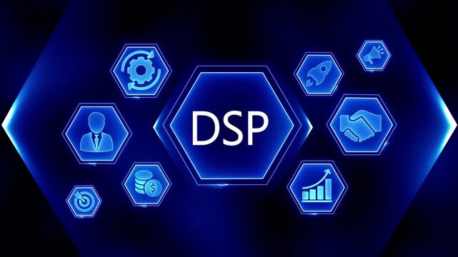 Digital marketing strategy concept with D S P acronym and business icons for growth and success programmatic advertising