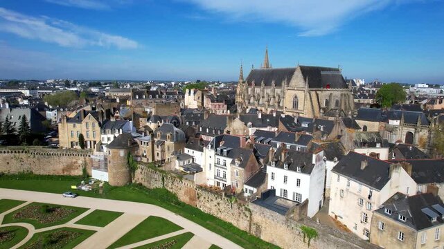 Vannes Brittany France Aerial Drone 4K Video of Medieval Fortified Walls and  ornamental gardens. Historical Old Town Morbihan Department Heritage Site. Bretagne Tourism cinematic View