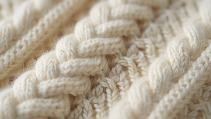 Closeup of a cozy white knitted wool cable knit pattern
