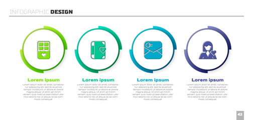 Set Chocolate bar, Love diary, Envelope with Valentine heart and Romantic girl. Business infographic template. Vector