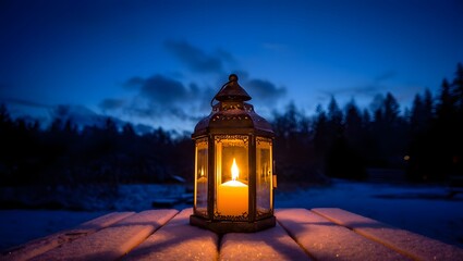 Lantern with candle on snowy table at night in winter