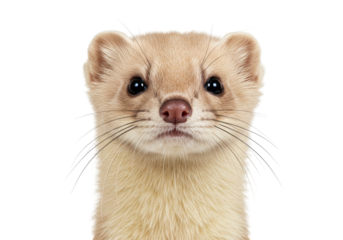 Close-up of a cute ermine face isolated on transparent PNG, adorable stoat portrait with curious expression and soft fur for wildlife designs