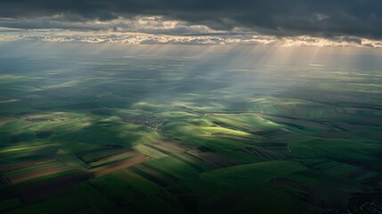 Aerial abstract farmland — green, orange & teal gradient for agricultural reports, presentations and backgrounds