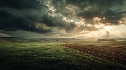 Dramatic moody landscape — green, brown & golden sunset for presentation backgrounds, posters and websites
