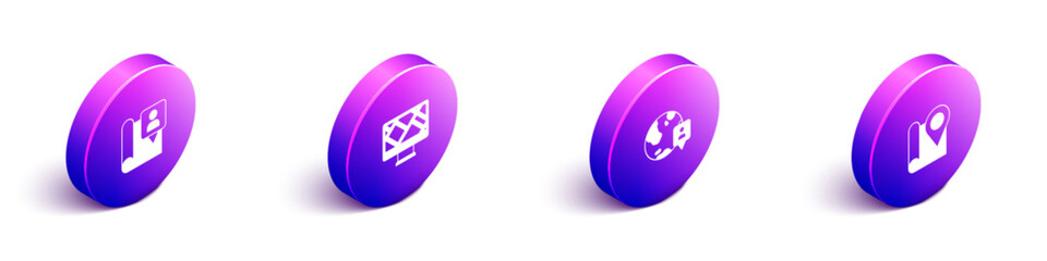 Set Isometric Folded map with location marker, Monitor, Location the globe and icon. Vector