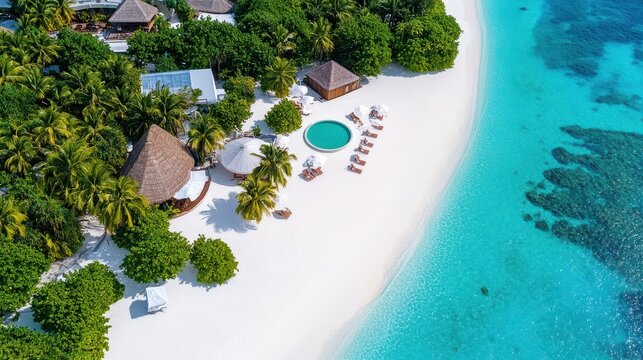 Aerial View of Luxurious Tropical Island Resort with White Sand Beach and Turquoise Water. Paradise Vacation, Summer Getaway, and Luxury Travel Destination.