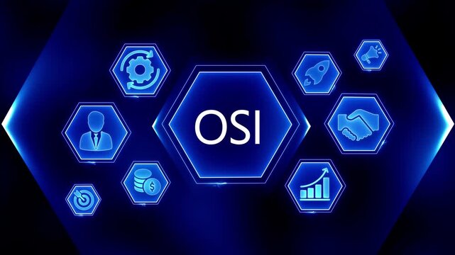 Osi Business Icons Network Technology Digital Abstract Hexagon Blue Neon Glow Futuristic Concept video