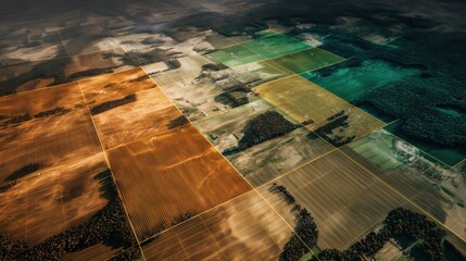 Aerial abstract farmland — green, orange & teal gradient for agricultural reports, presentations and backgrounds