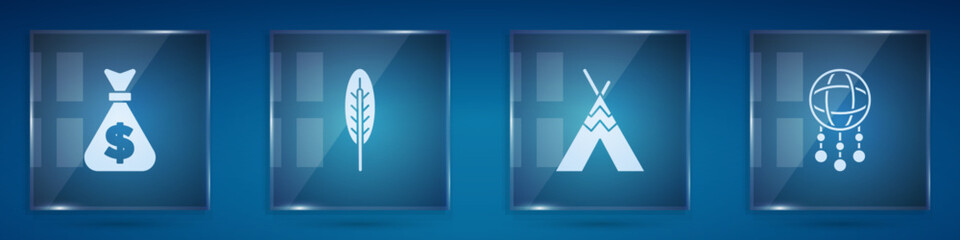 Set Money bag, Indian feather, teepee or wigwam and Dream catcher with feathers. Square glass panels. Vector © Vadim