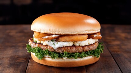 Gourmet Burger with Pineapple: Delicious Burger with Unique Toppings on a Dark Wooden Table