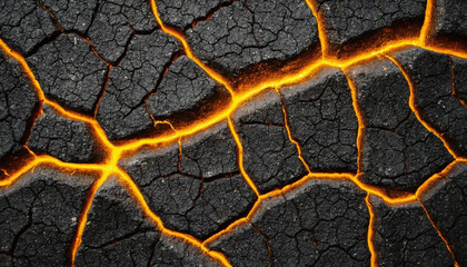Black Gray Rough Grainy Stone Texture with Glowing Yellow Gold Cracks