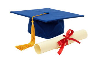 Blue graduation cap and diploma with red ribbon isolated, academic achievement for education and celebration PNG