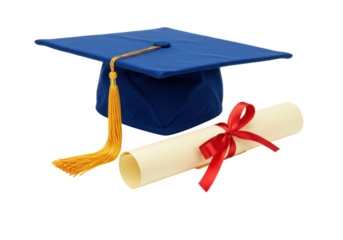 Blue graduation cap and diploma with red ribbon isolated, academic achievement for education and celebration PNG