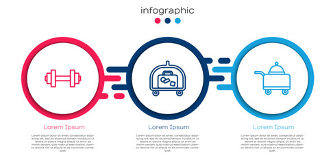 Set line Dumbbell, Hotel luggage cart and Covered with tray of food. Business infographic template. Vector