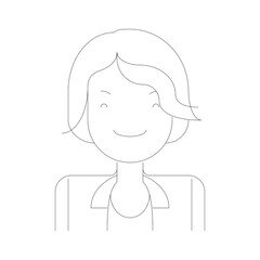 Outline of a smiling woman with short hair wearing a collared shirt against a transparent background simple line art illustration