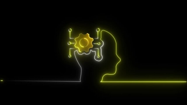 Neon glowing man had setting circuit icon animation. on black background......