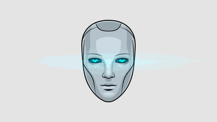 A stylized illustration of a robot face with glowing blue eyes on a light background