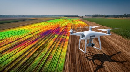 Drone surveying farmland — magenta, green & golden fields with soil-moisture heatmap for agricultural monitoring, presentations and infographics