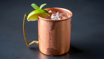 Moscow mule cocktail in copper mug with lime and mint