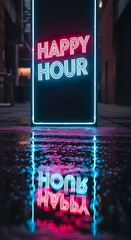Neon Happy Hour Sign Reflected in Puddle on City Street.