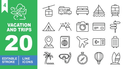 Vacation and trips set of web icons in line style. Exclusive vacation and trips line icon collection. Containing Cable Car, RV, Bed, Sailboat, Train, Tent, Mountain. Editable stroke. Vector 