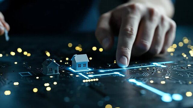Man places model house on circuit board and activates glowing connection to smart home technology development footage