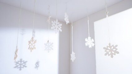 Snowflakes hanging from ceiling isolated on white background