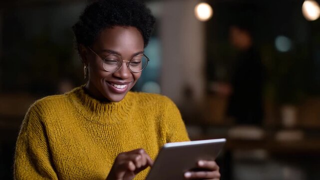 This engaging image features a smiling woman interacting with a digital tablet, portraying a modern lifestyle filled with technology, connectivity, and personal enjoyment.