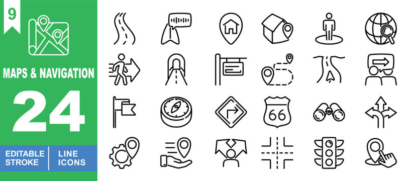 Maps and navigation set of web icons in line style. Exclusive maps and navigation line icon collection. Containing map, road, flag, house, people, globe, road. Editable stroke. Vector illustration.