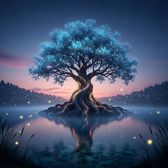 Mystical Tree of Life Reflecting in Calm Lake at Dusk.