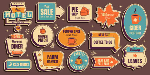 Retro autumn fall sticker set with harvest festival, pumpkin patch, pie shop, cider stand, motel, diner, maple leaves and more cozy seasonal signs.Vintage mid century 50s americana vector illustration