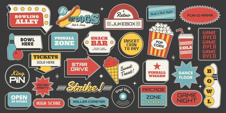 Retro sticker set. Bowling, arcade, jukebox, hot dog, popcorn, cola and entertainment signs in midcentury 50s style. Vector illustration for fun, party, posters, retro vibes