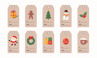 Christmas gift tag collection. Labels with cute cartoon elements on white background. Vector illustration